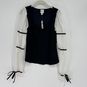 Maeve Anthropologie Black White Sheer Puff Sleeve Ribbon Bow Top Medium NEW